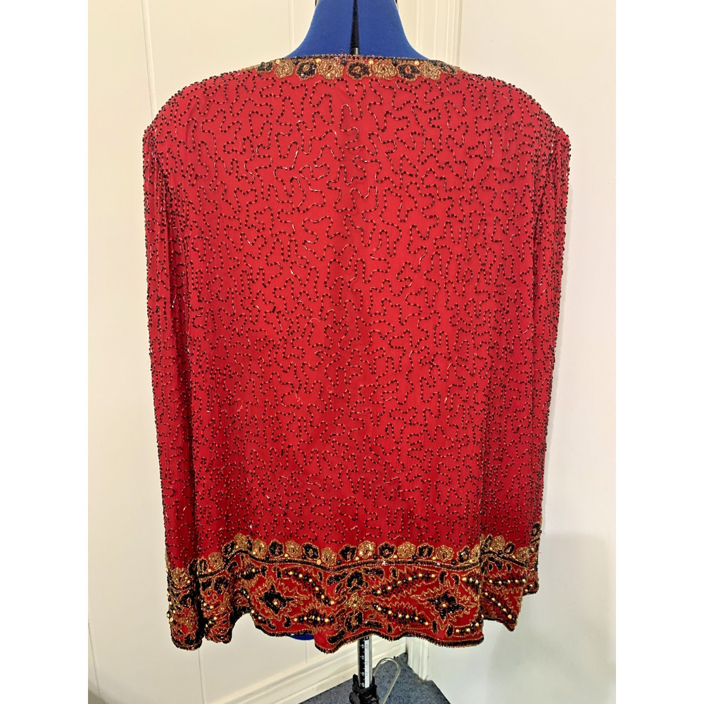 Vintage Lawrence Kazaar Silk Sequined Jacket Red 4X Holiday Party Mardi Gras - Picture 4 of 10